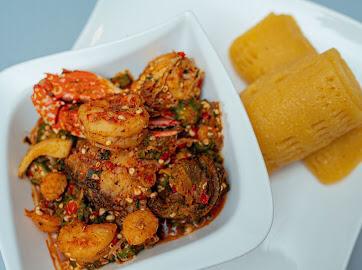 Sea food okro with (semovita)