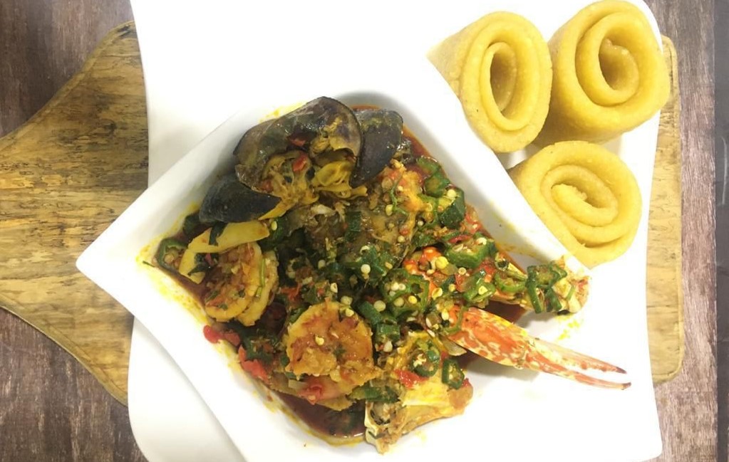 Sea food okro with (garri)