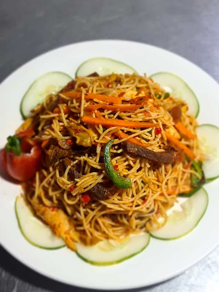 VIP Spaghetti Jollof with Chicken Chunks and Vegetables  